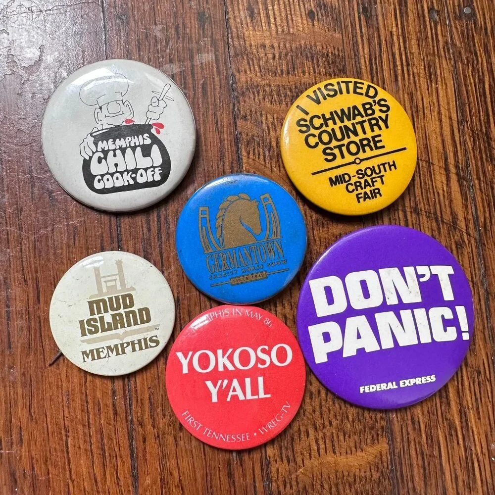 Lot of Vintage Memphis Pinback Buttons, Mud Island Schwabs Chili Cook Off FedEx